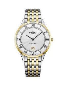 Image of Rotary Rotary Ultra Slim Silver Sunray And Gold Detail Date Dial Two Tone Stainless Steel Bracelet Ladies Watch