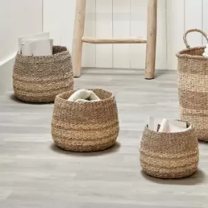 Image of Set of 3 Woven Natural Seagrass & Palm 2-Toned Round Baskets Brown