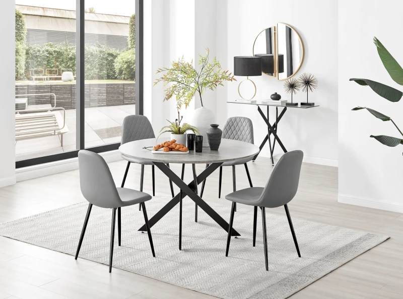 Image of FurnitureboxUK FurnitureboxUK Novara Grey Concrete Effect Black Leg 120cm Round Dining Table & 4 Corona Black Leg Chairs Grey One Size Unisex 50566571