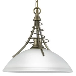 Image of 1 Light Dome Ceiling Pendant Antique Brass with Opal Glass Shade, E27