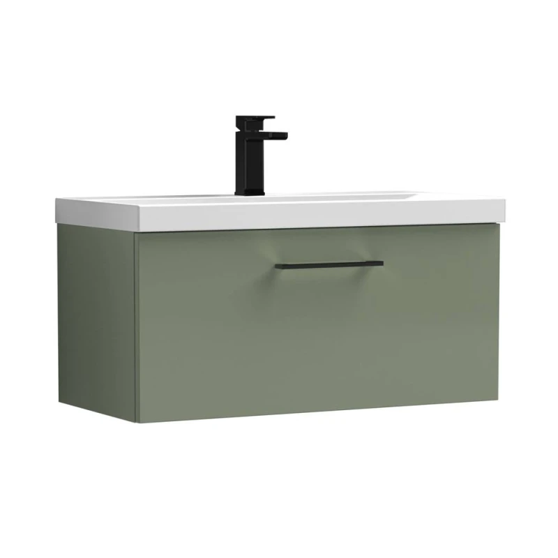 Image of Balterley 800mm Wall Hung 1 Drawer Vanity Basin Unit, Satin Green, Black Handle in Green Green Unisex