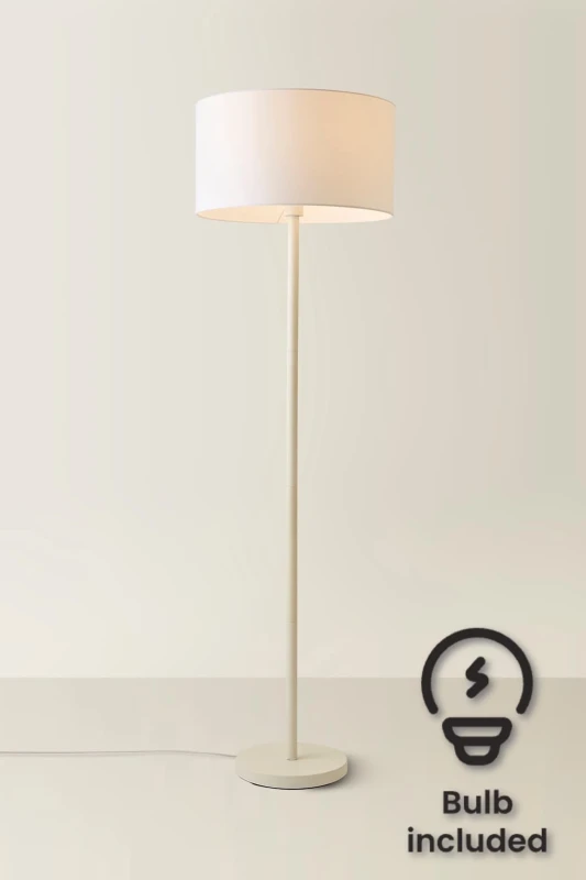 Image of ValueLights Charlie White Single Stem Floor Lamp with Fabric Drum Lamp Shade and LED Bulb White