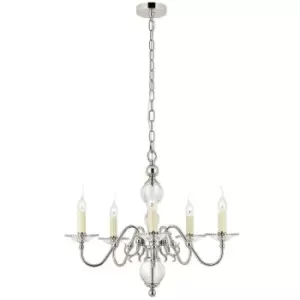 Image of Flemish Ceiling Pendant Chandelier Polished Nickel & Crystal Curved 5 Lamp Light