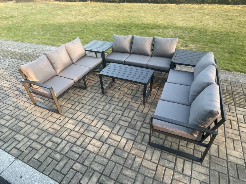 Image of Fimous Aluminium 9 Seater Outdoor Garden Furniture Set Lounge Sofa Oblong Coffee Table Set with Cushions Dark Grey Dark Grey Unisex