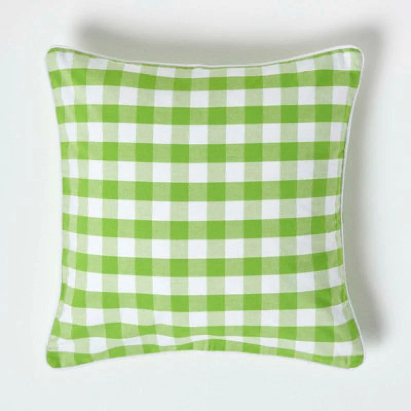 Image of HOMESCAPES Homescapes - Green Block Check Cotton Gingham Cushion Cover, 45 x 45cm - Green KT1373B
