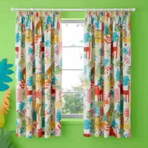 Image of Cosatto Tiger Tropics Childrens 100% Cotton Jersey Pencil Pleat Lined Curtains, Multi, 66 x 72 Inch
