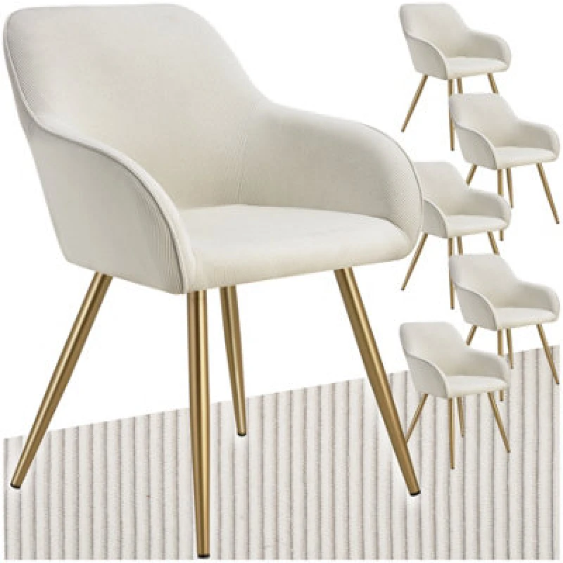Image of Tectake Set Of 6 Dining Chair Marilyn - Corduroy Look, Upholstered, Armchair, Continuous Backrest - Cream/gold