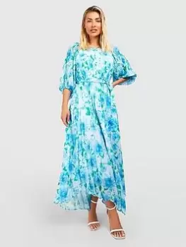 Image of Boohoo Floral Pleated Puff Sleeve Midi Dress - Blue Size 8, Women