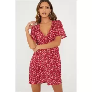 Image of I Saw It First Red Ditsy Floral Wrap Tea Dress - Red