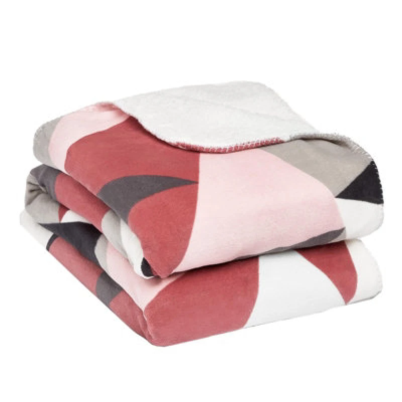 Image of OHS OHS Geometric Shapes Fleece Sherpa Throw Bed Blanket in Baby Pink Size: 150cm x 180cm Baby Pink 150cm x 180cm Unisex 5027434135561