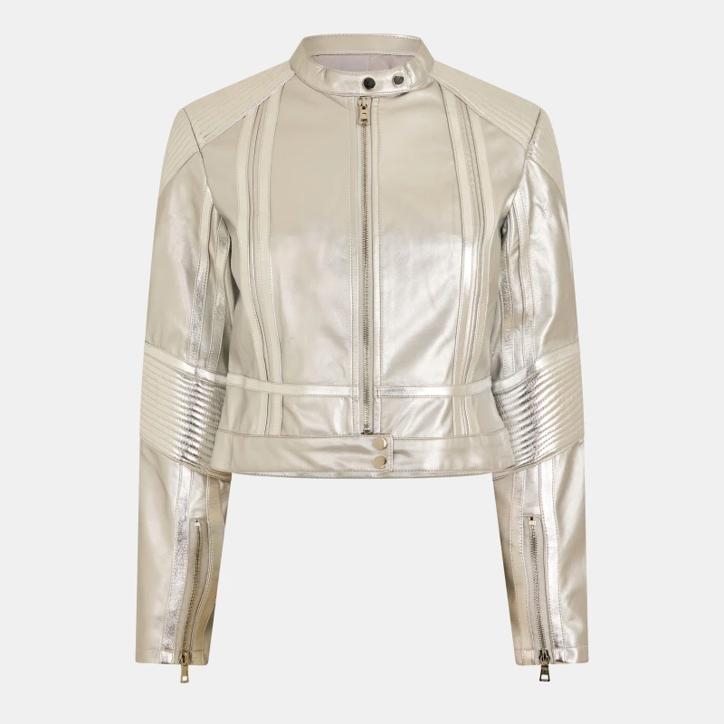 Image of AmyLynn Womens 's Fitted Bomber Faux Leather Jacket Silver female 6 (XS)