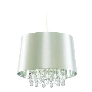 Image of 1 Light Ceiling Drop Pendant Silver with Silk Effect Shade Acrylic Drops, E27