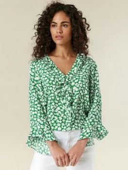 Image of Wallis Floral Print Ruffle Blouse - Green, Size 16, Women