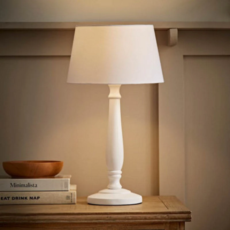 Image of ValueLights Victoria White Wood Traditional Stem Table Lamp with Fabric Tapered Shade White