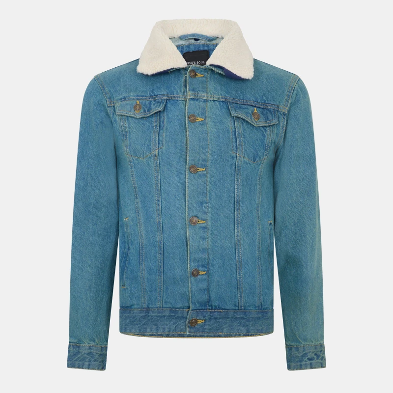 Image of Brave Soul Cotton Denim Jacket with Detachable Borg Collar Light Blue