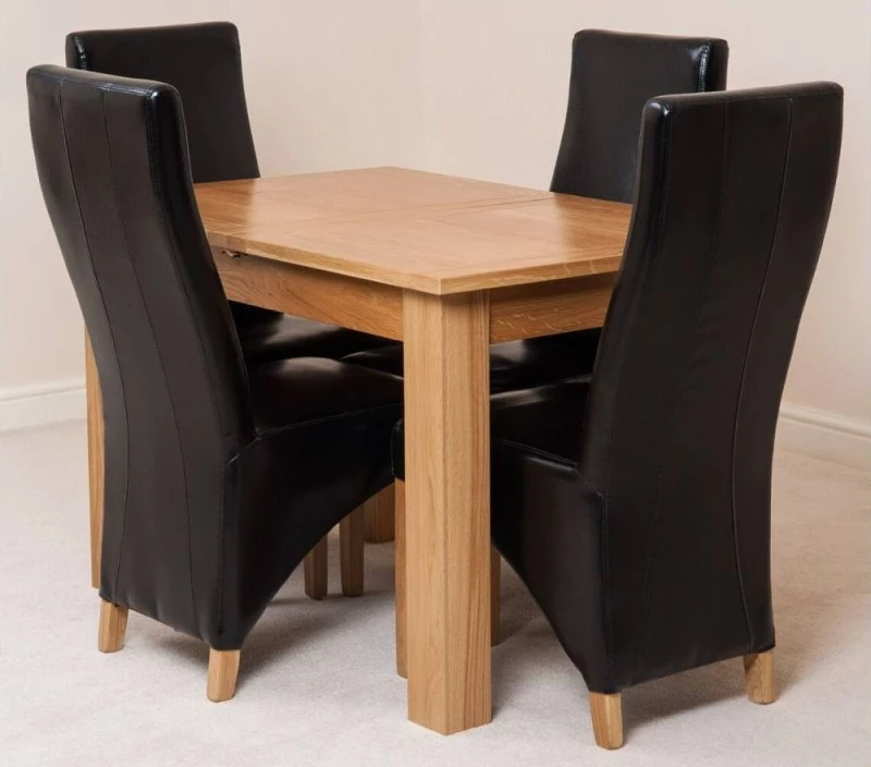 Image of Thats Furniture Hampton 120-160cm Oak Extending Dining Table & 4 Lola Leather Chairs in Black Unisex