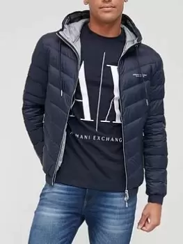 Image of Armani Exchange Hooded Padded Down Fill Jacket - Navy, Size L, Men