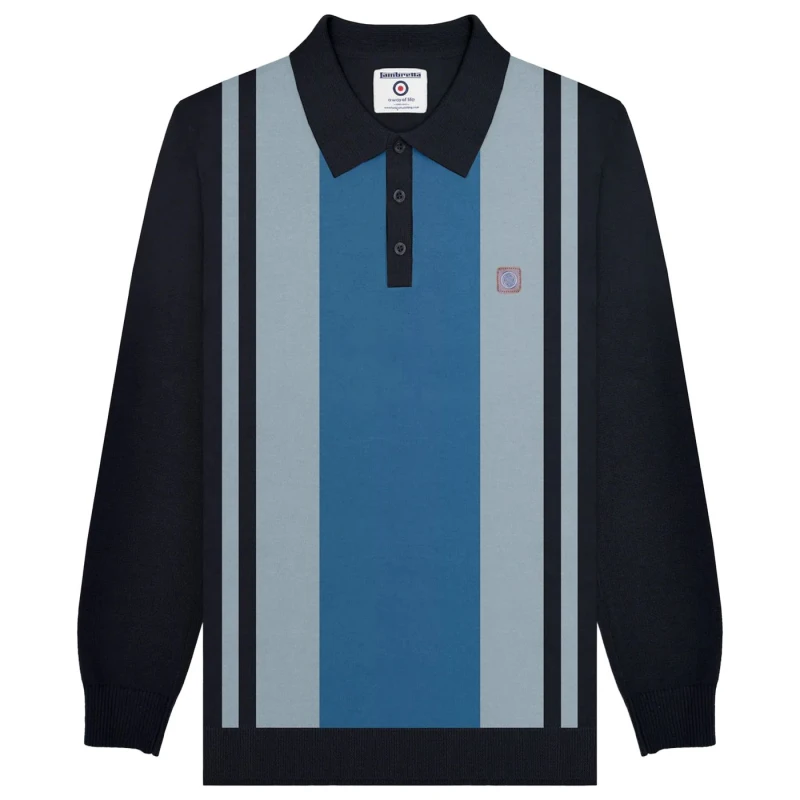 Image of Lambretta Lambretta Men AW24 Vintage Panelled Long-Sleeved Polo Shirt in Navy Size: Medium Navy M Male 5063703659130