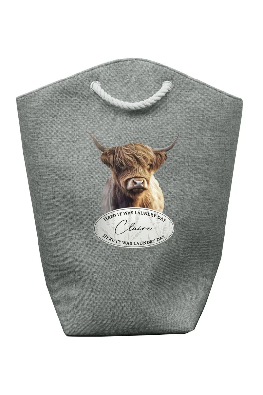 Image of Personalised Memento Company Personalised Highland Cow Laundry Bag in Grey Grey Unisex