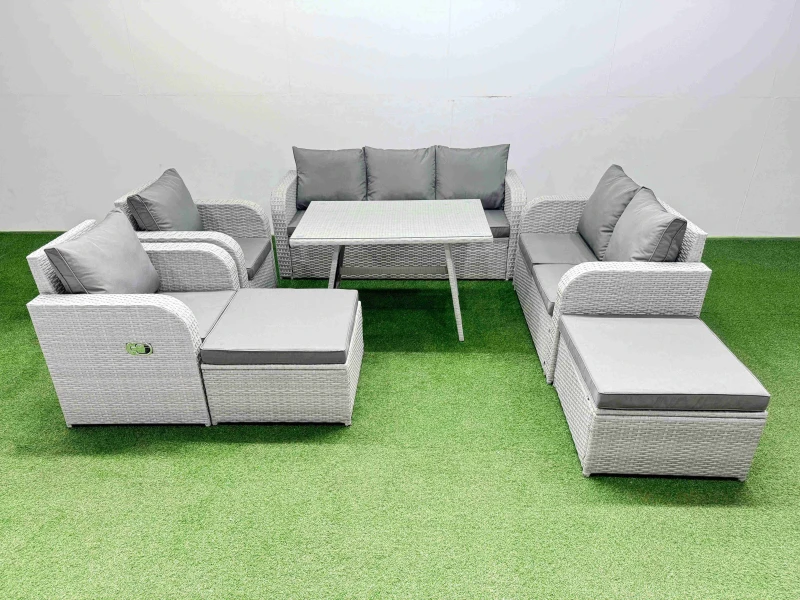 Image of Fimous Outdoor Rectangular Table Sofa Set with Reclining Chair 2 Big Stool in Light Grey Light Grey Unisex