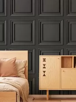 Image of Fresco Wood Panel Charcoal Wallpaper