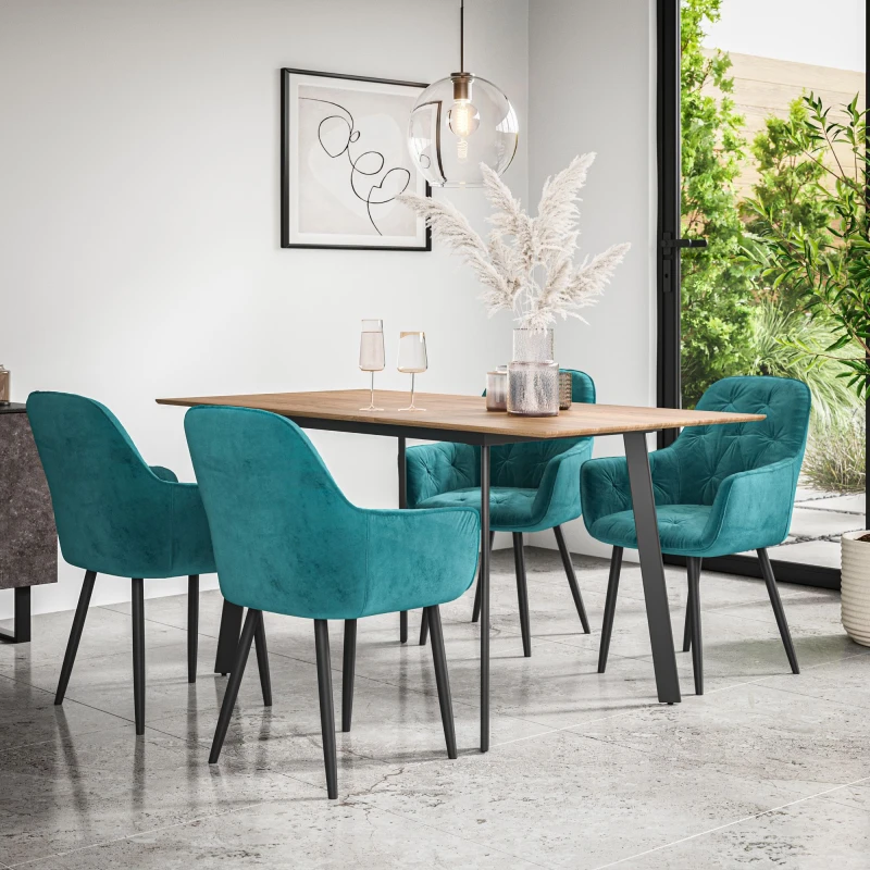 Image of More4Homes Haydon Extending Dining Table And Chairs - Oak Effect Table Top W Black Legs + Anika Velvet Dining Chair Set Of 4 (Blue)