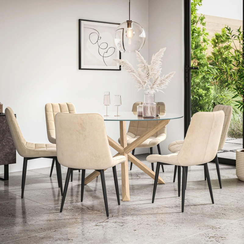Image of More4Homes Malvern Round Dining Table And Chairs - Clear Glass Table Top W Solid Oak Legs + Nova Velvet Dining Chair Set Of 6 (Beige)