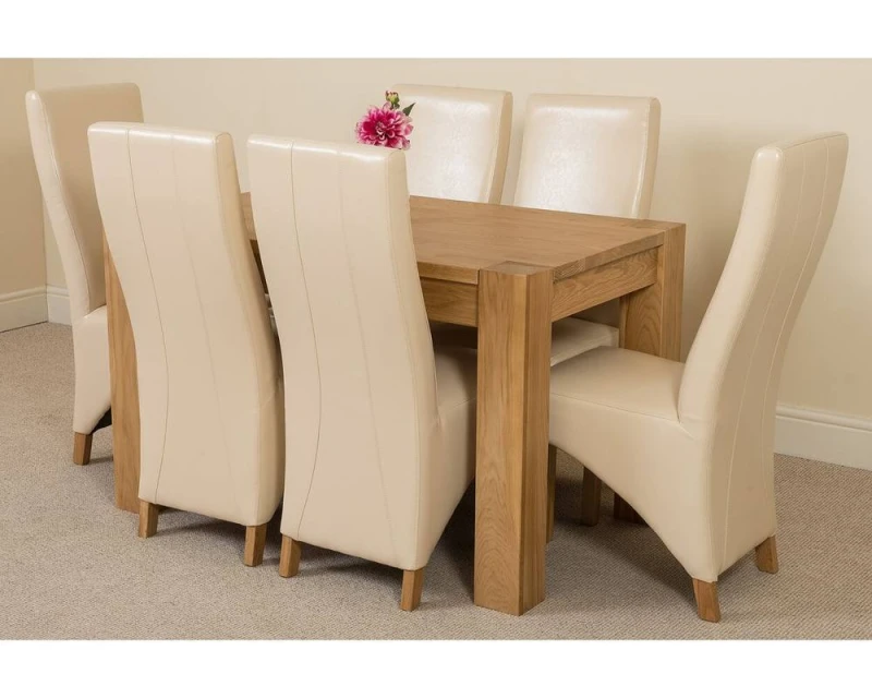 Image of Thats Furniture Kuba 125 x 80cm Chunky Oak Small Dining Table & 6 Lola Leather Chairs in Cream Cream Unisex 125 x 80 cm