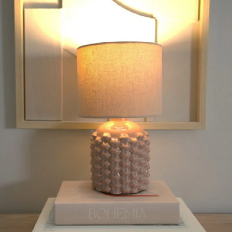 Image of ValueLights Asha Pair of Ceramic Pink Geometric Table Lamps with Drum Lamp Shades Natural