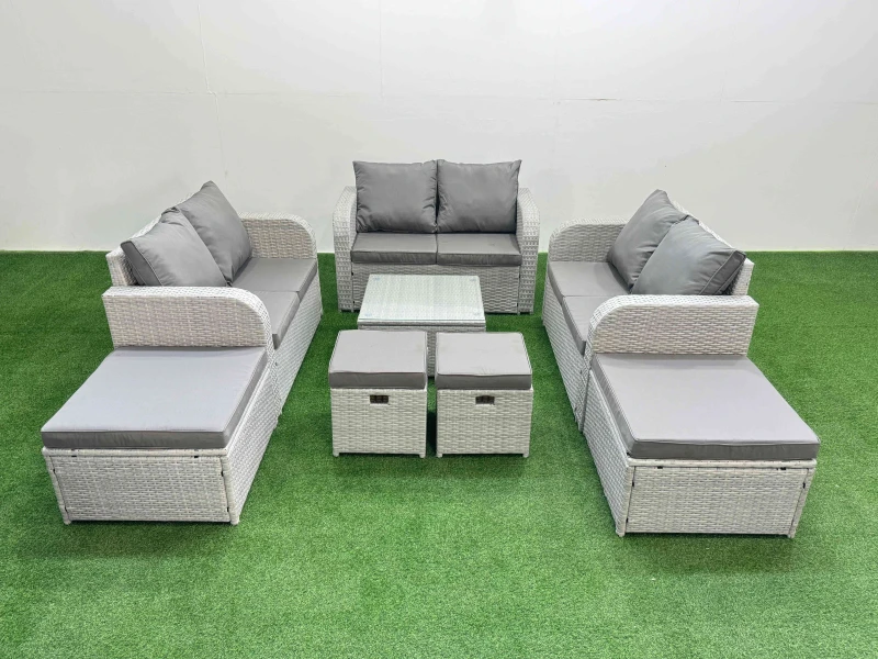 Image of Fimous PE Rattan Love Sofa Set with Coffee Table 4 Footstools Light Grey Light Grey Unisex