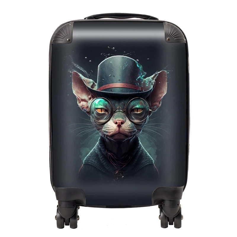 Image of Warren Reed - Designer Sphynx Cat With Glases Splashart Suitcase Size: Cabin Multicolor Unisex Cabin