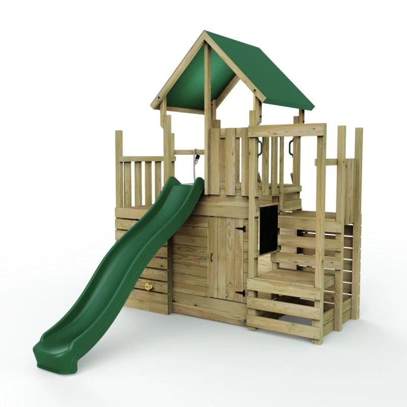 Image of Rebo Wooden Climbing Frame with Play Tower, Climbing Wall and Slide - M21 Ramp & Den Brown