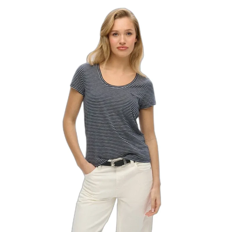 Image of Superdry Embroidered Logo Slub T-Shirt in Cotton Mix with Crew Neck navy striped Women 8;12;16