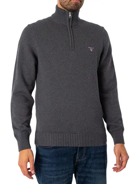 Image of GANT Men Casual Cotton Half-Zip Sweater (S) Grey