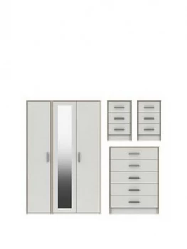 Image of Brianne Part Assembled 4 Piece Package - 3 Door Mirrored Wardrobe, 5 Drawer Chest And 2 Bedside Chests