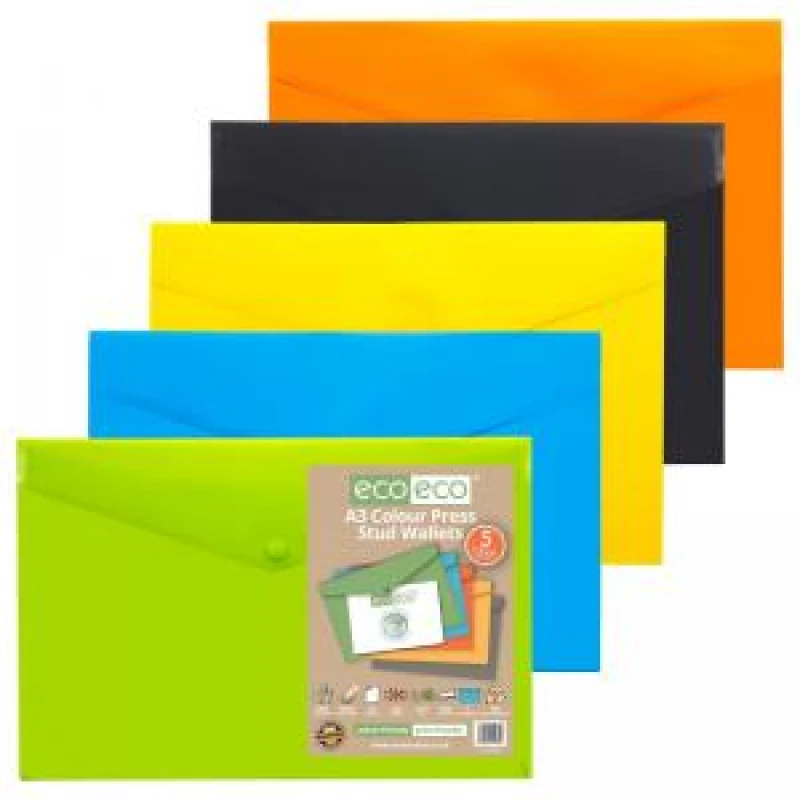 Image of Eco Eco 50% Recycled Press Stud Wallets A3 Assorted (5 Pack) eco080-S