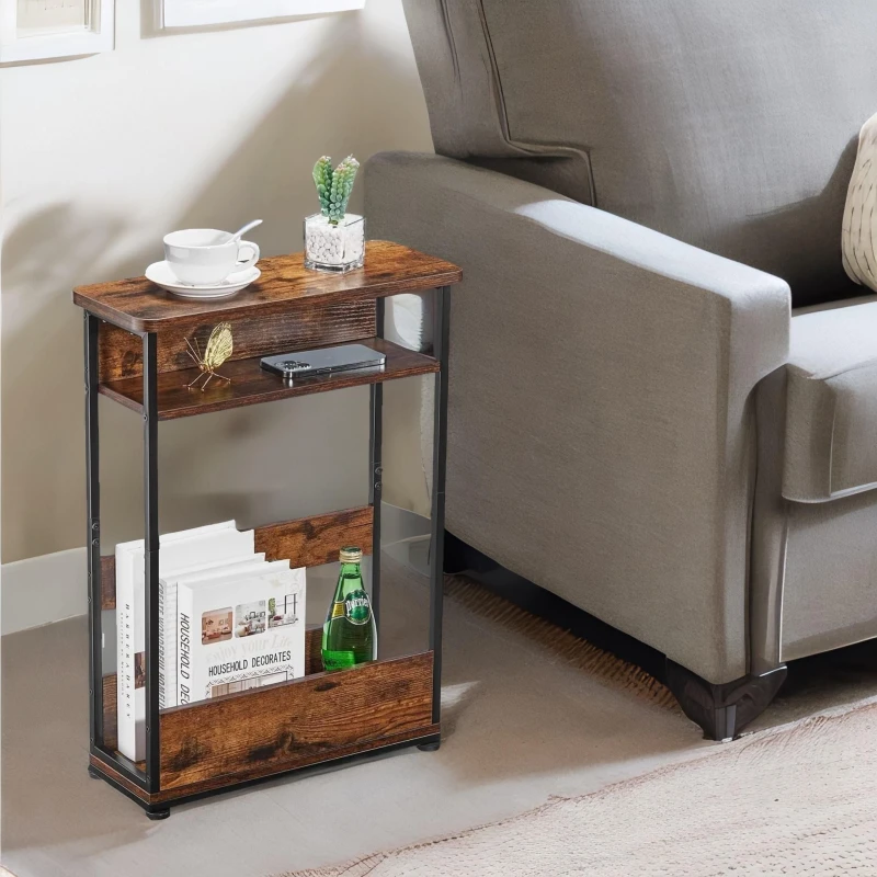 Image of Rafaelo Mobilia Industrial Rustic 3 Tier Side Table With Magazine Rack in Dark Brown Dark Brown Unisex