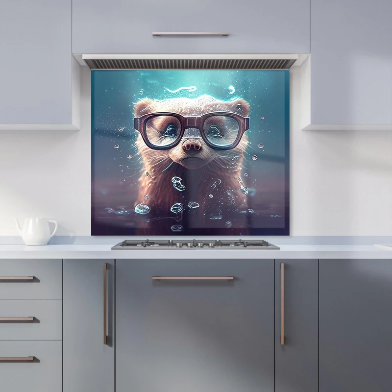 Image of Warren Reed - Designer Ferret With Glasses Splashart Water Kitchen Splashback in Blue Size: 700mm x 750mm Blue Unisex 700mm x 750mm
