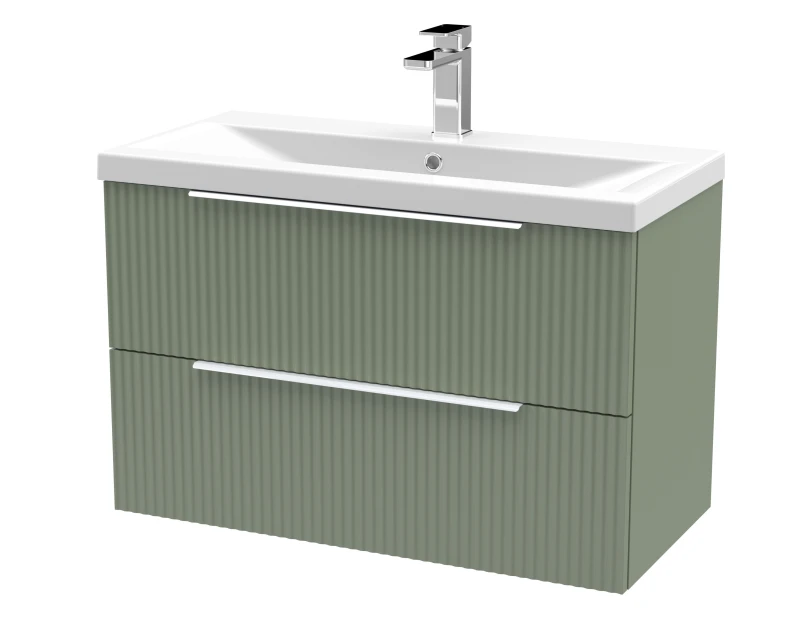 Image of Balterley Fluted Wall Hung 2 Drawer Vanity Basin Unit & Basin 800mm, Satin Green Green Unisex