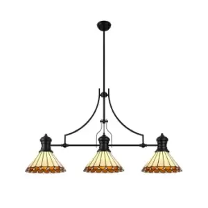 Image of Worcester, 3 Light Linear Ceiling Pendant E27 With 30cm Tiffany Shade, Matt Black, Amber, Cream, Crystal