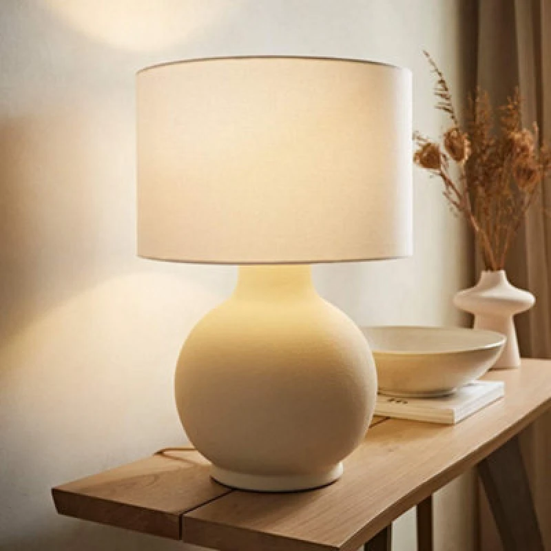 Image of ValueLights ValueLights Blair Natural Linen Durm Shade Hand Finished Ceramic Stonewear Table Lamp in Beige Beige One Size Unisex 5016529271581