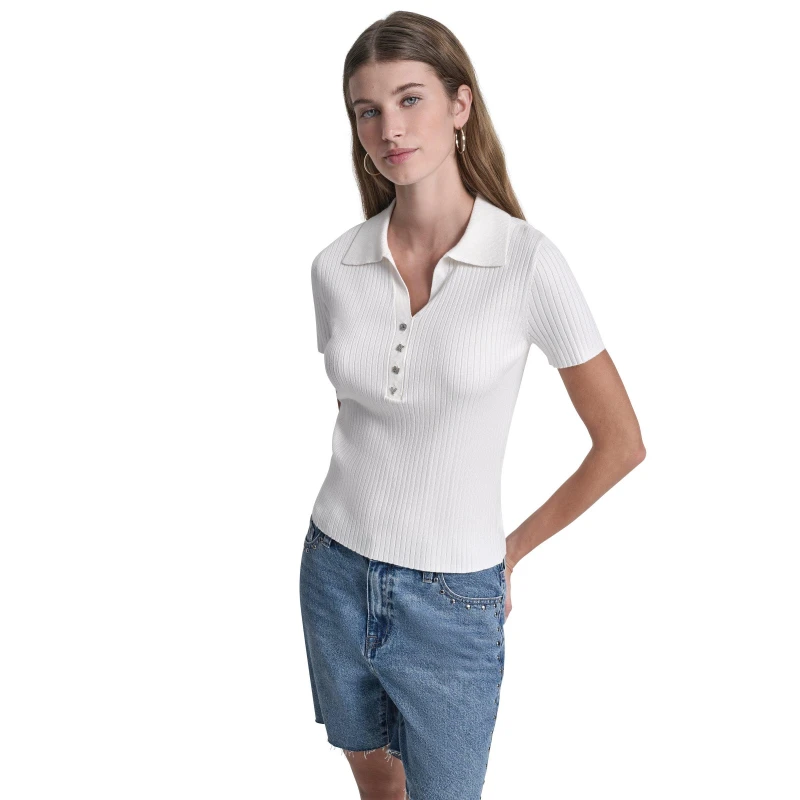 Image of DKNY Jeans Short Sleeve Rib Polo W/ Logo Rhinestone Buttons Ivory female 8 (XS)