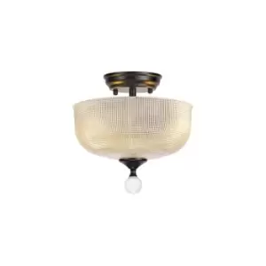 Image of Dresden 2 Light Semi Flush Ceiling Lamp E27 With Round 26.5cm Prismatic Effect Glass Shade Matt Black, Clear