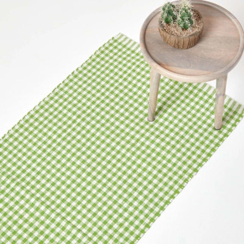 Image of Homescapes Cotton Gingham Check Hand Woven Hall Runner, 66 x 200cm Green