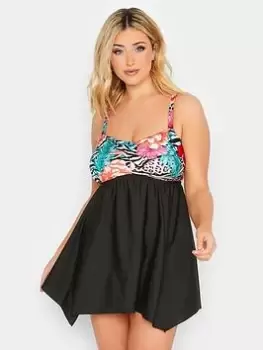 Image of Yours Tropical Animal Bandeau Hanky Hem Swimdress, Black, Size 20, Women