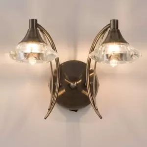 Image of Double Wall Light and Sconce, Antique Brass Finish, Clear Glass Shades, G9 Bulb Cap