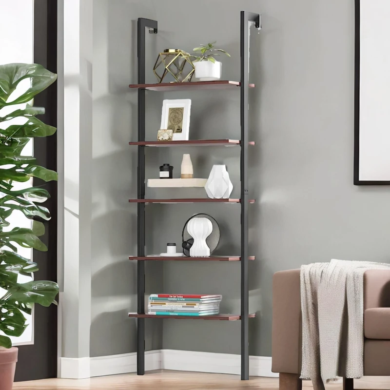 Image of Rafaelo Mobilia 5 Tier Wall Mounted Storage Ladder Shelf For Living Room in Brown Brown Unisex