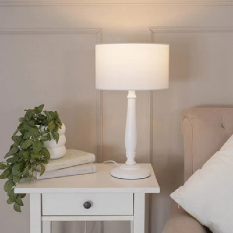 Image of ValueLights Victoria White Wood Traditional Table Lamp with Fabric Drum Shade and LED Bulb White