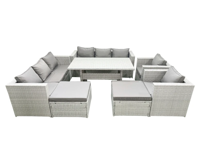 Image of Fimous Rattan Garden Furniture Set Outdoor 8 Seater Patio Dinin g Sofa Sets with Dining Table 2 Chairs 2 Big Footstools Light Grey Mixed Light Grey