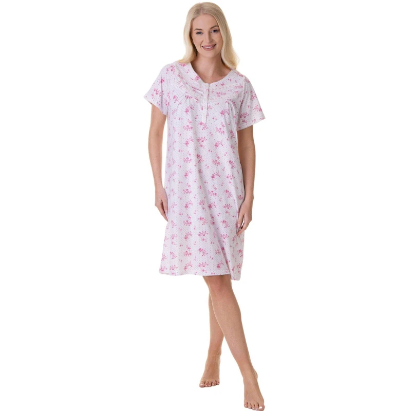 Image of Camille 100% Cotton Luxury Porcelain Floral Short Sleeve Nightdress Pink female 10-12